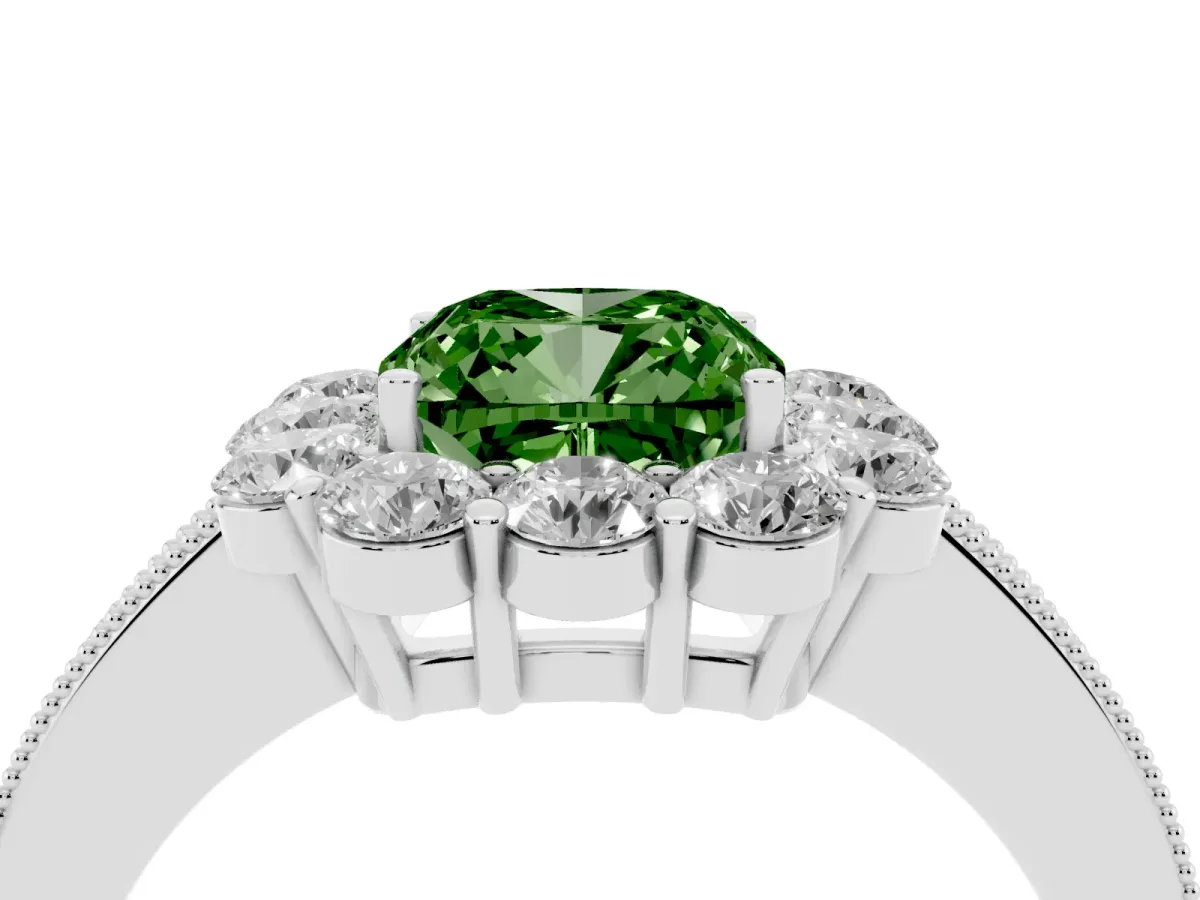 Fancy Green Cushion Cut Cut Halo Diamond Pavé Engagement Ring with Milgrain Detailing Silver