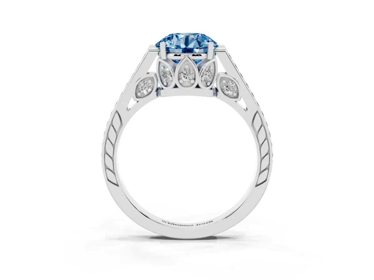 Fancy Blue Round Cut Cut Cathedral Pave Diamond Engagement Ring with Six-Prong Setting Platinum