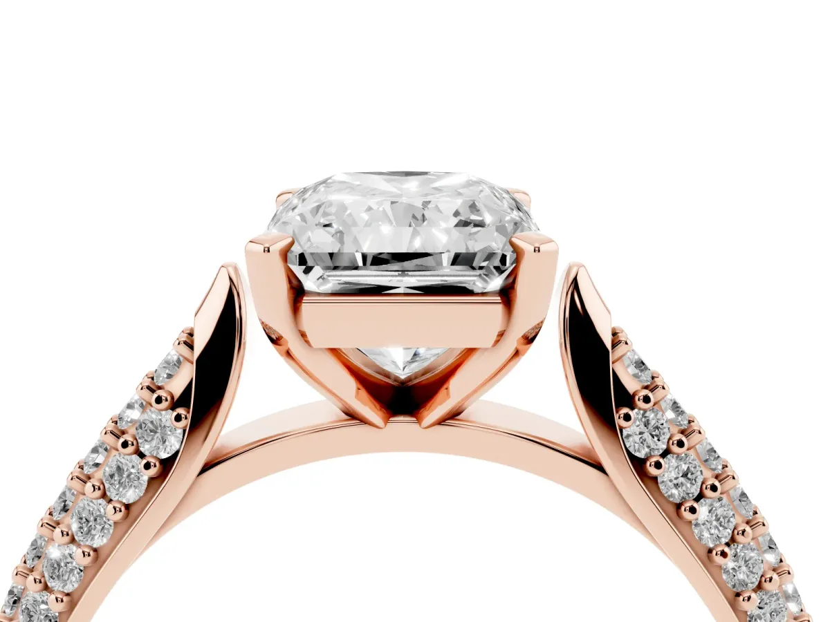 Radiant Cut Diamond Solitaire Engagement Ring with Multi-Row Round Pavé Band and Prong Setting Rose gold