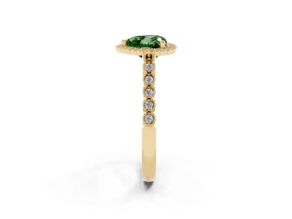 Fancy Green Heart Cut Cut Halo Pavé Solitaire Ring with Milgrain Band Yellow gold