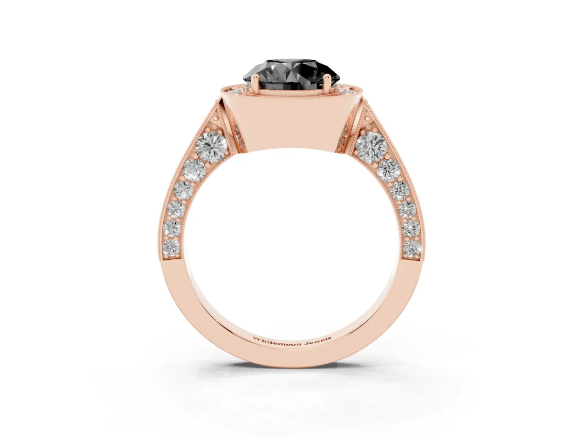 Fancy Black Round Cut Halo Diamond Engagement Ring with Split Shank Band and Four-Prong Setting Rose gold