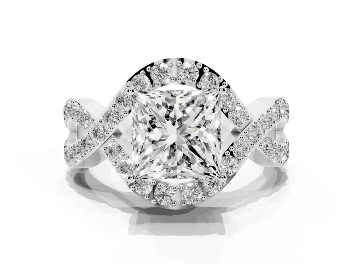 Princess Cut Solitaire Twist Band Pavé Diamond Engagement Ring Platinum