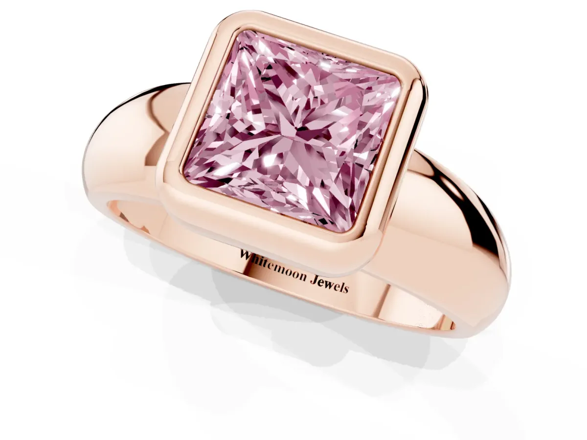 Fancy Pink Bezel Set Princess Cut Solitaire Ring with Wide Band Rose gold