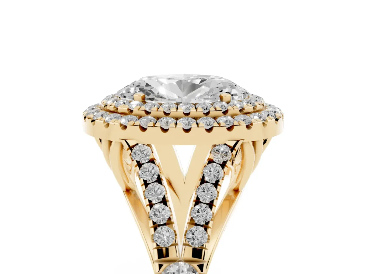 Double Halo Oval Cut Diamond Split Shank Engagement Ring with Four-Prong Setting Yellow gold