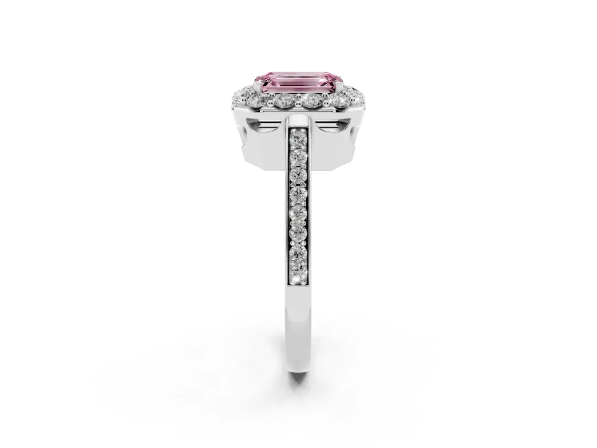 Fancy Pink Emerald Cut Diamond Floral Halo Ring with Pavé Band and Prong Setting Platinum