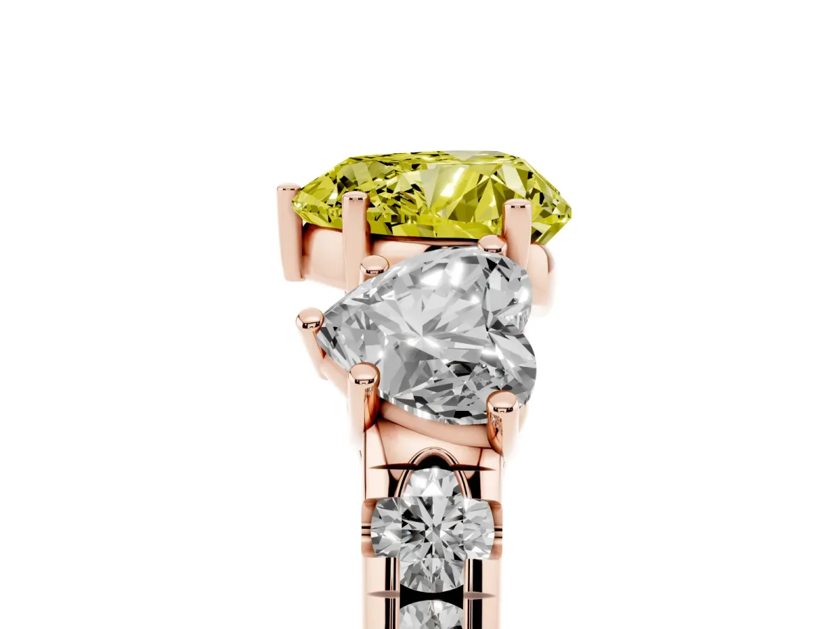 Fancy Yellow Three-Stone Heart Cut Diamond Pavé Band with Prong Setting Rose gold
