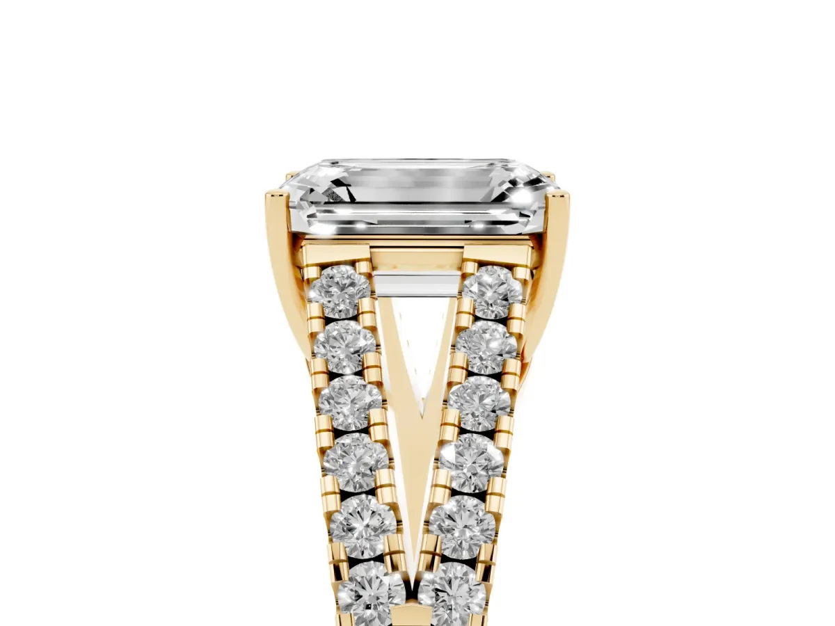Emerald Cut Diamond Split Shank Pavé Engagement Ring with Four-Prong Setting Yellow gold