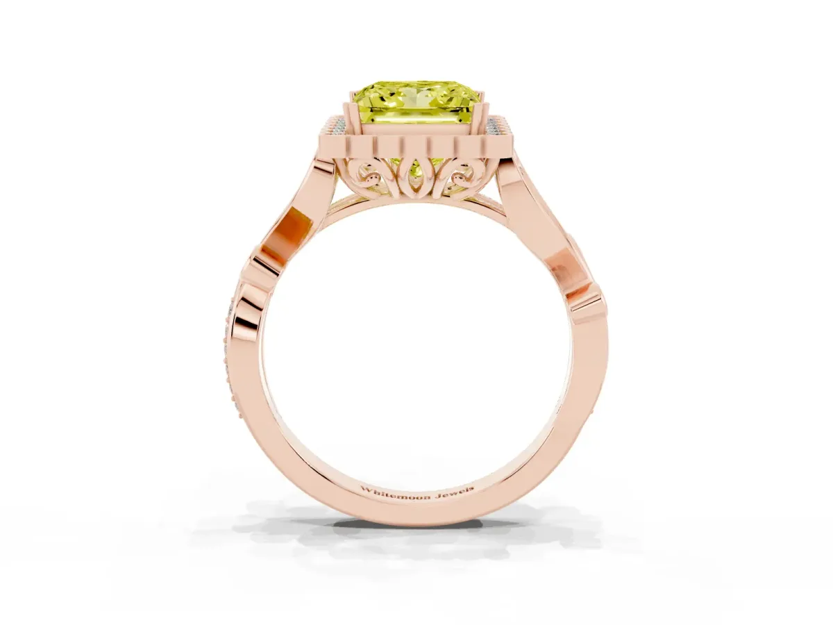 Fancy Yellow Princess Cut Diamond Halo Ring with Vintage Split Shank and Four-Prong Setting Rose gold