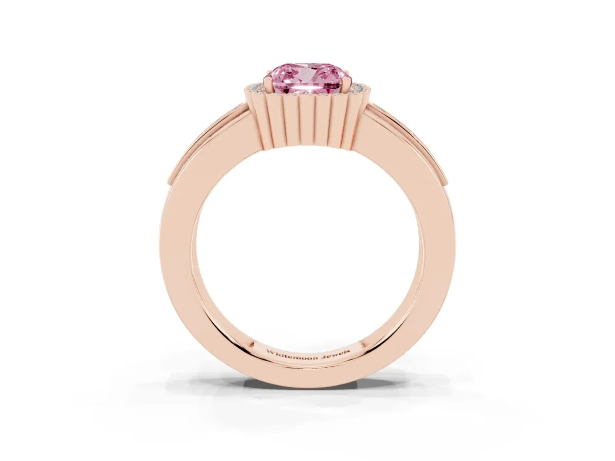 Fancy Pink Cushion Cut Cut Halo Pave Band Four-Prong Ring Rose gold