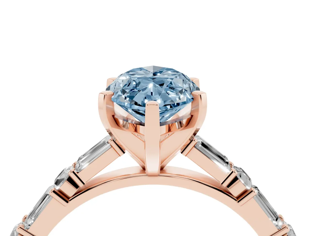 Fancy Blue Marquise Cut Diamond Solitaire with Side Baguettes and Channel Set Band Rose gold