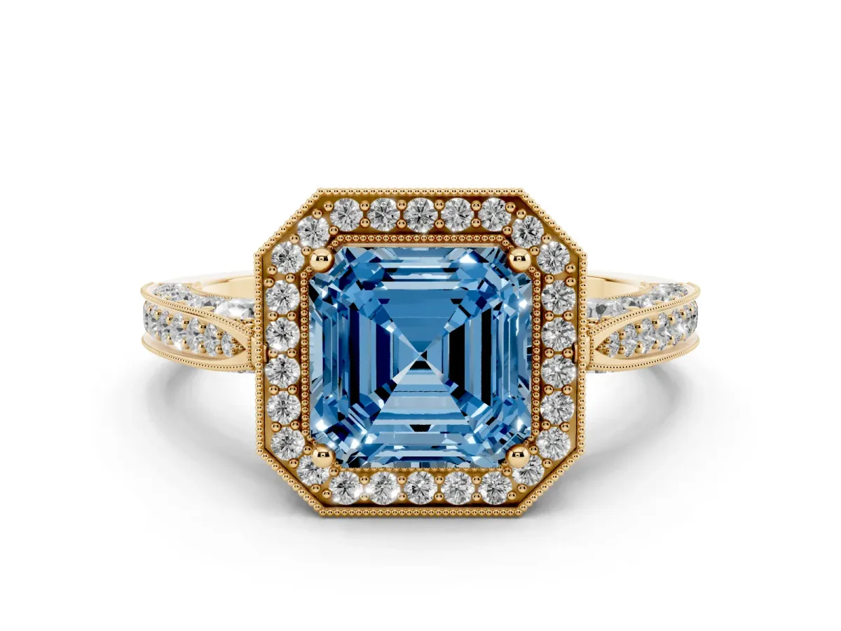 Fancy Blue Asscher Cut Halo Diamond Engagement Ring with Split Shank Band and Four-Prong Setting Yellow gold