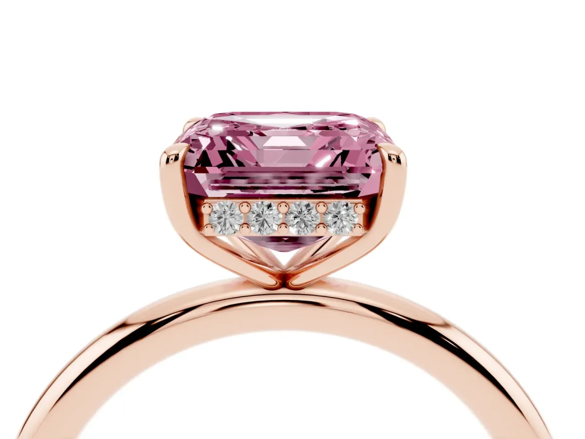 Fancy Pink Asscher Cut Diamond Solitaire Ring with Thin Band and Four-Prong Setting Rose gold