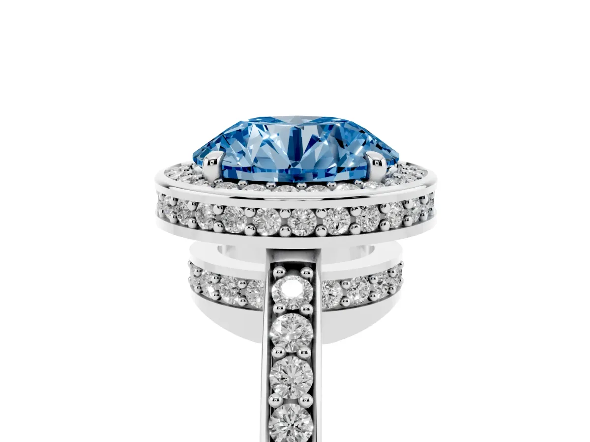 Fancy Blue Round Cut Halo Pave Band Solitaire Ring with Prong Setting Silver