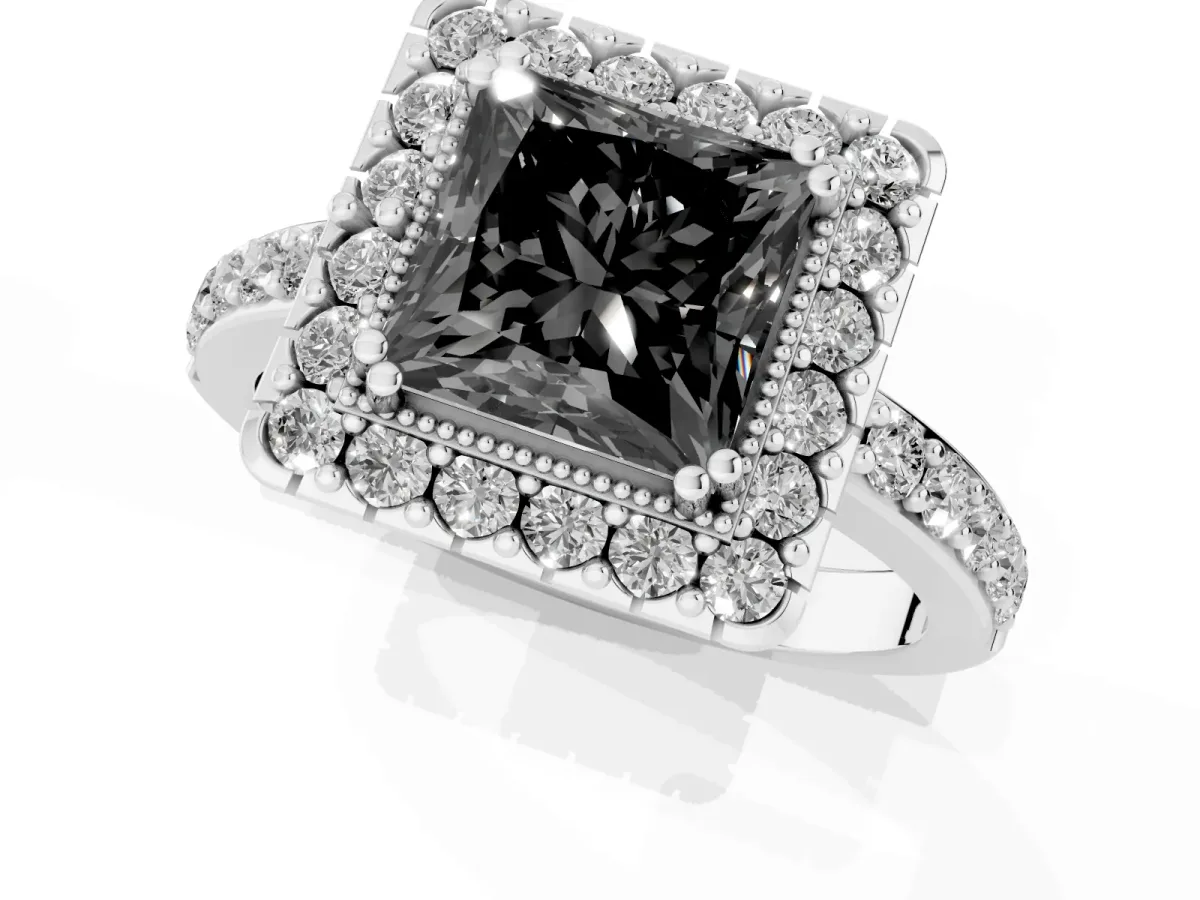 Fancy Black Princess Cut Diamond Halo Ring with Pavé Band and Prong Setting Platinum