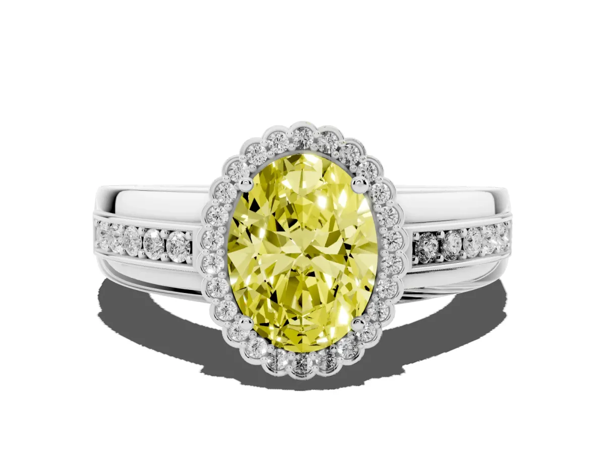Fancy Yellow Oval Cut Cut Halo Pave Band Four-Prong Ring Silver