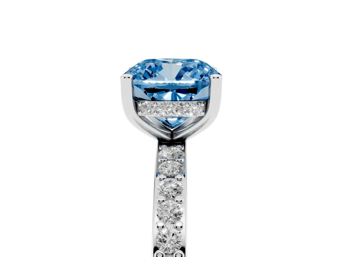 Fancy Blue Cushion Cut Cut Diamond Pavé Band Ring with Four-Prong Setting Silver