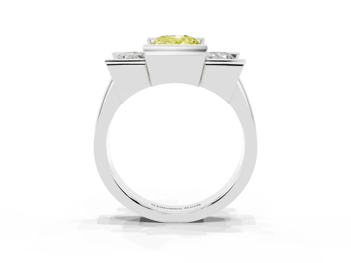 Fancy Yellow Three Stone Oval Cut Cut Channel Set Diamond Ring Platinum