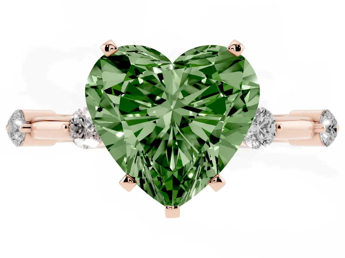 Fancy Green Heart Cut Solitaire Diamond Ring with Bezel Set Side Stones and Prong Setting Rose gold