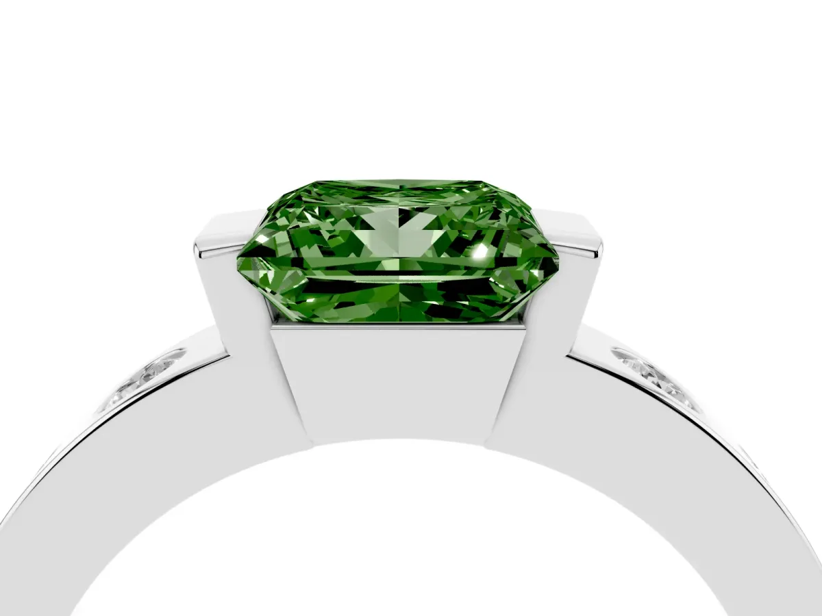 Fancy Green Princess Cut Brilliant Channel-Set Diamond Ring with Bezel Prong Setting Silver