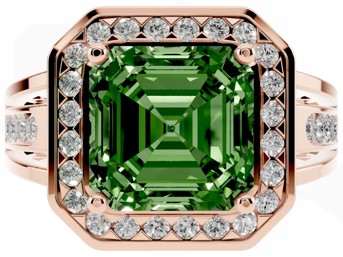 Fancy Green Asscher Cut Diamond Halo Ring with Split Shank and Bezel Accents and Prong Setting Rose gold