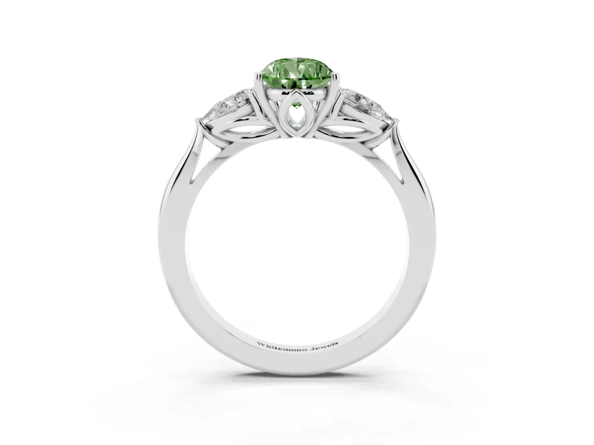 Fancy Green Three-Stone Pear Cut Brilliant Diamond Solitaire Ring with Tapered Band and Four-Prong Setting Platinum