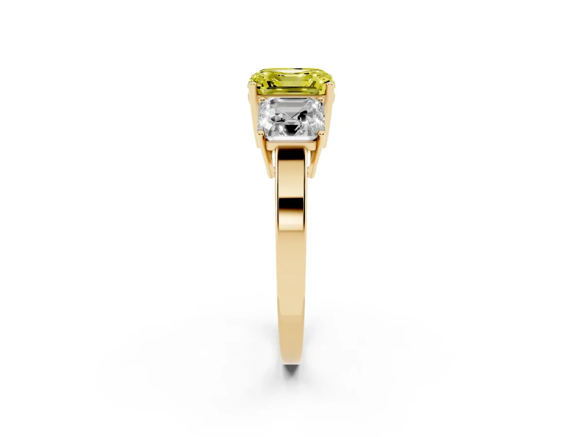 Fancy Yellow Three-Stone Asscher Cut Cut Diamond Engagement Ring with Flat Band and Four-Prong Setting Yellow gold