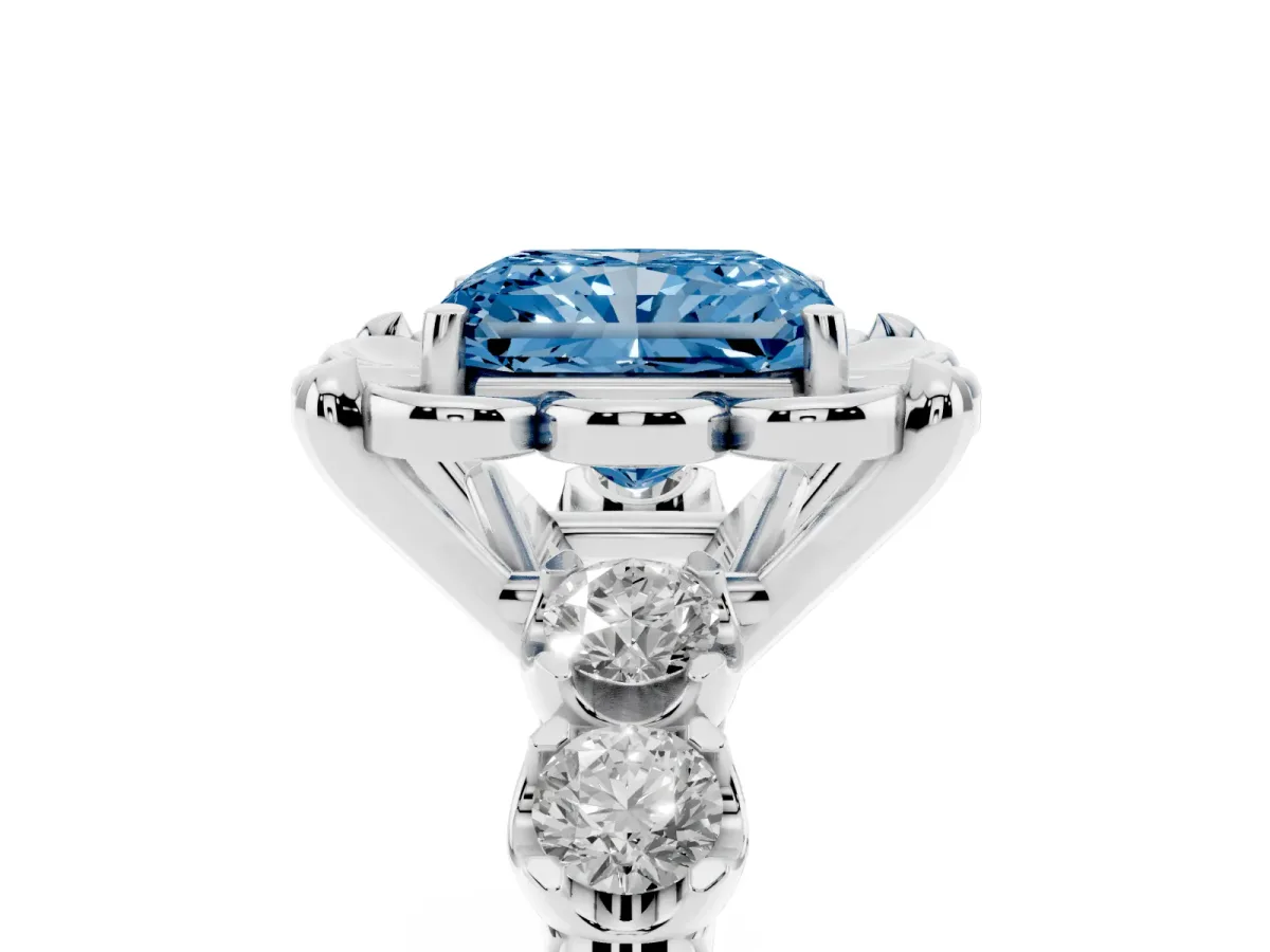 Fancy Blue Radiant Cut Cut Diamond Floral Halo Engagement Ring with Shared Prong Setting Silver