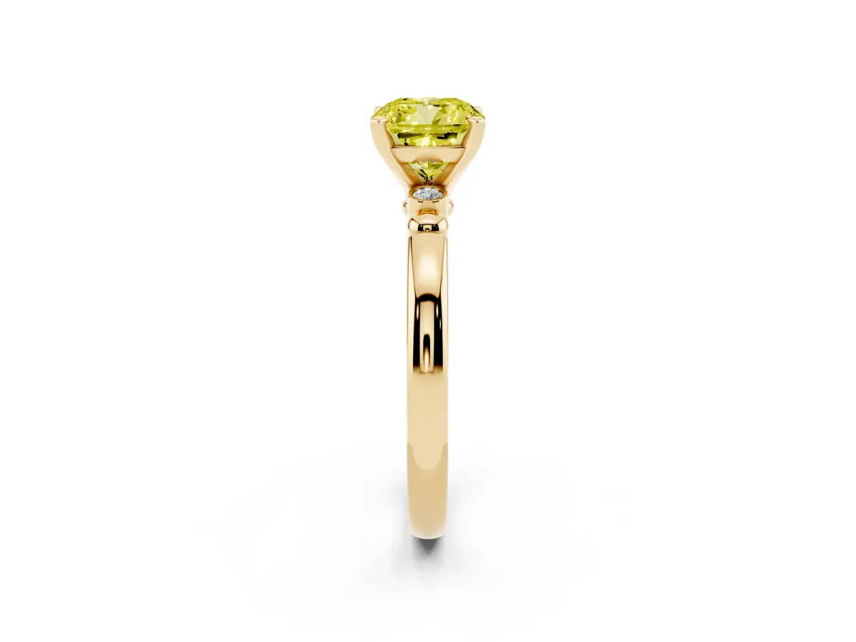 Fancy Yellow Cushion Cut Solitaire Beaded Band with Four-Prong Setting Yellow gold