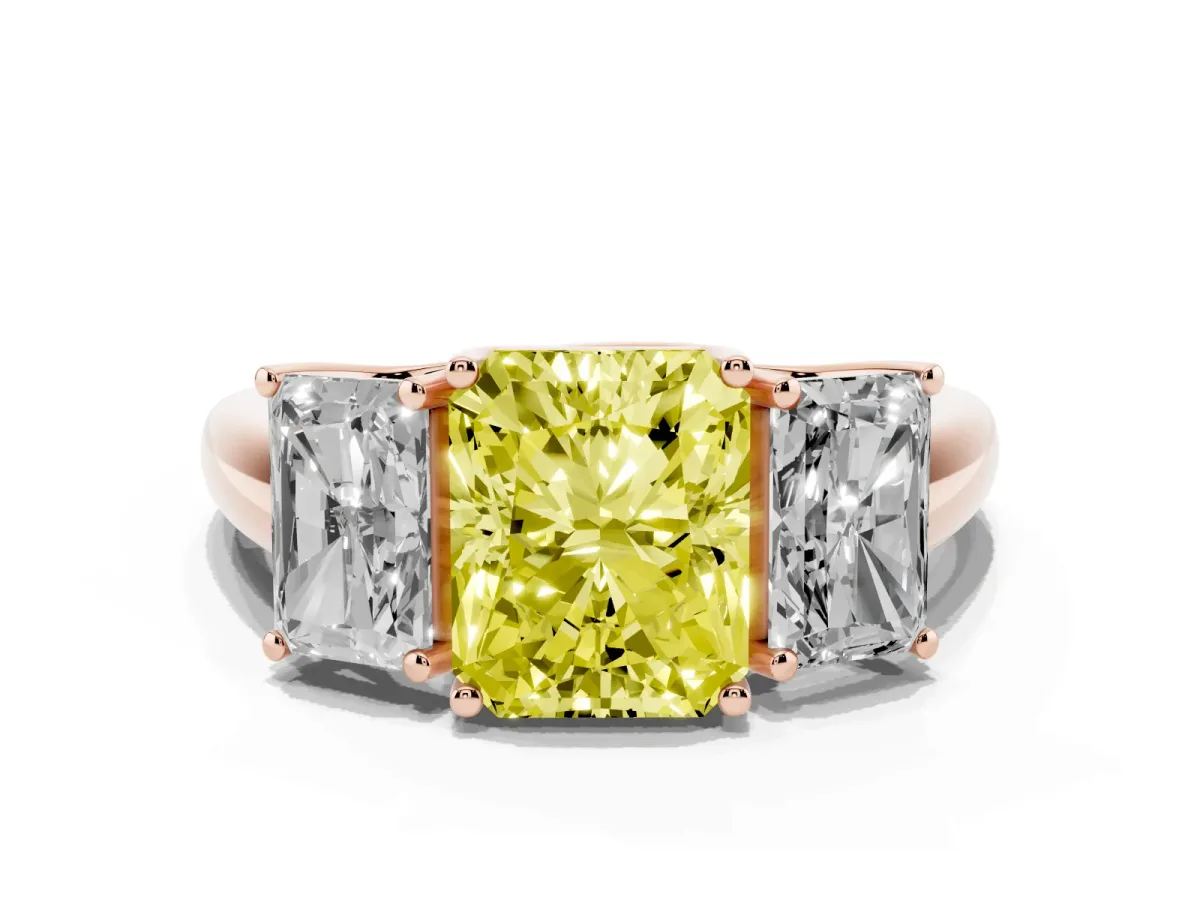 Fancy Yellow Three-Stone Radiant Cut Diamond Engagement Ring with Prong Setting Rose gold