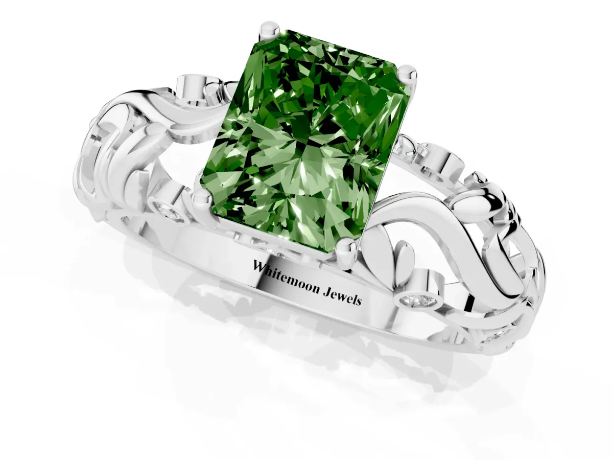 Fancy Green Radiant Cut Solitaire Diamond Leaf-Inspired Vine Band Ring with Prong Setting Silver