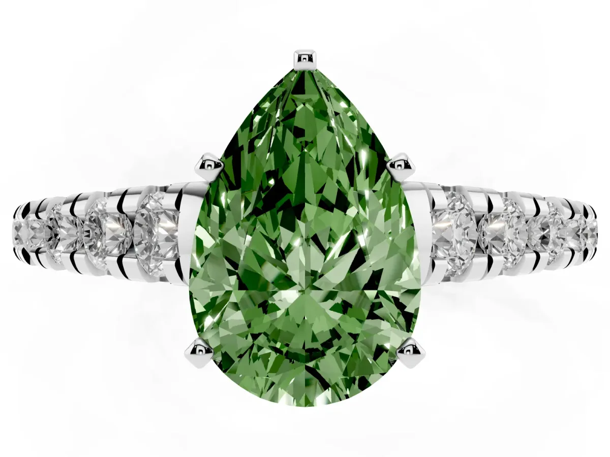 Fancy Green Pear Cut Diamond Cathedral Solitaire Ring with Round Pavé Band Silver