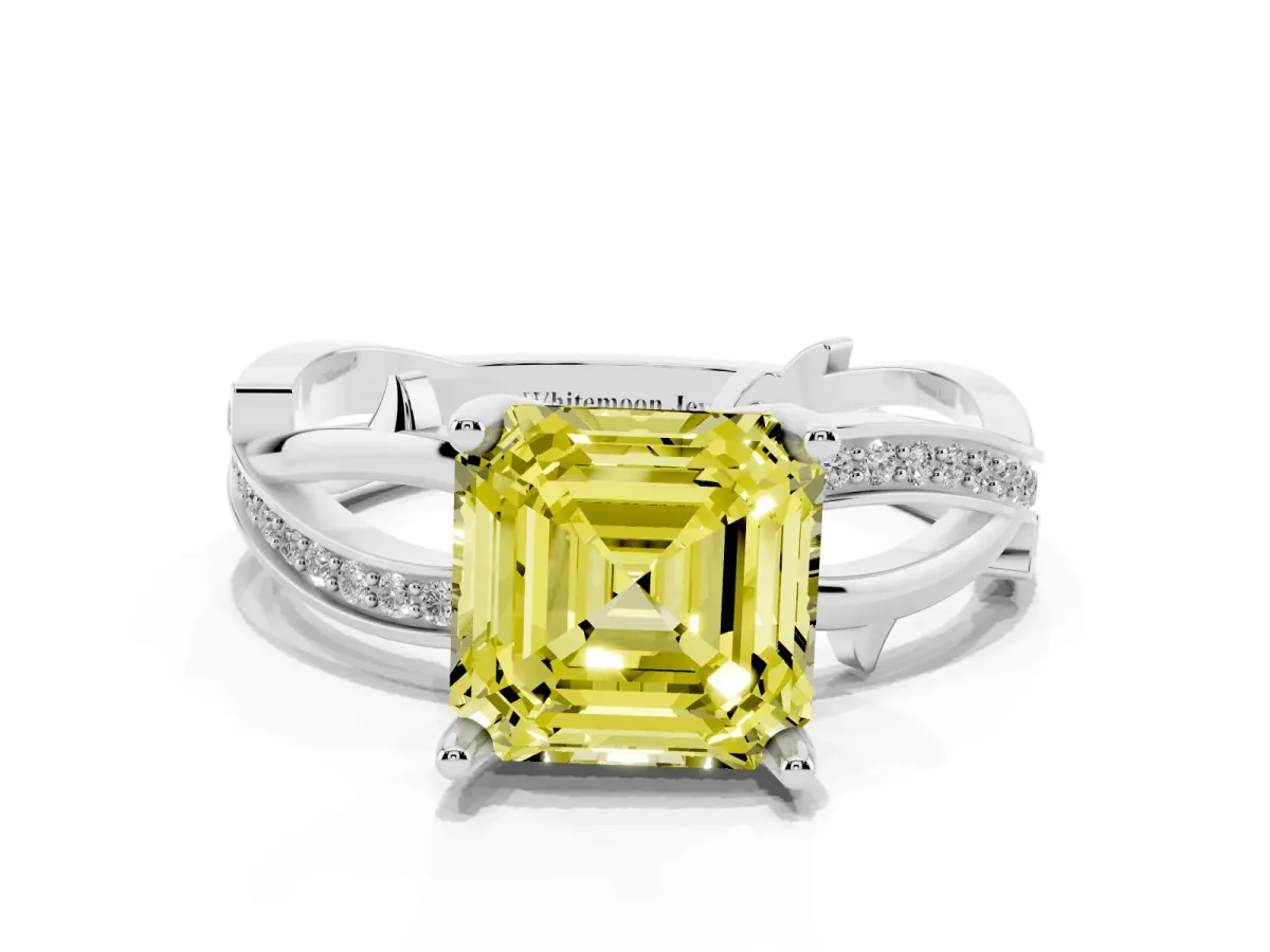 Fancy Yellow Asscher Cut Solitaire Twist Band with Pavé Accents and Four-Prong Setting Platinum