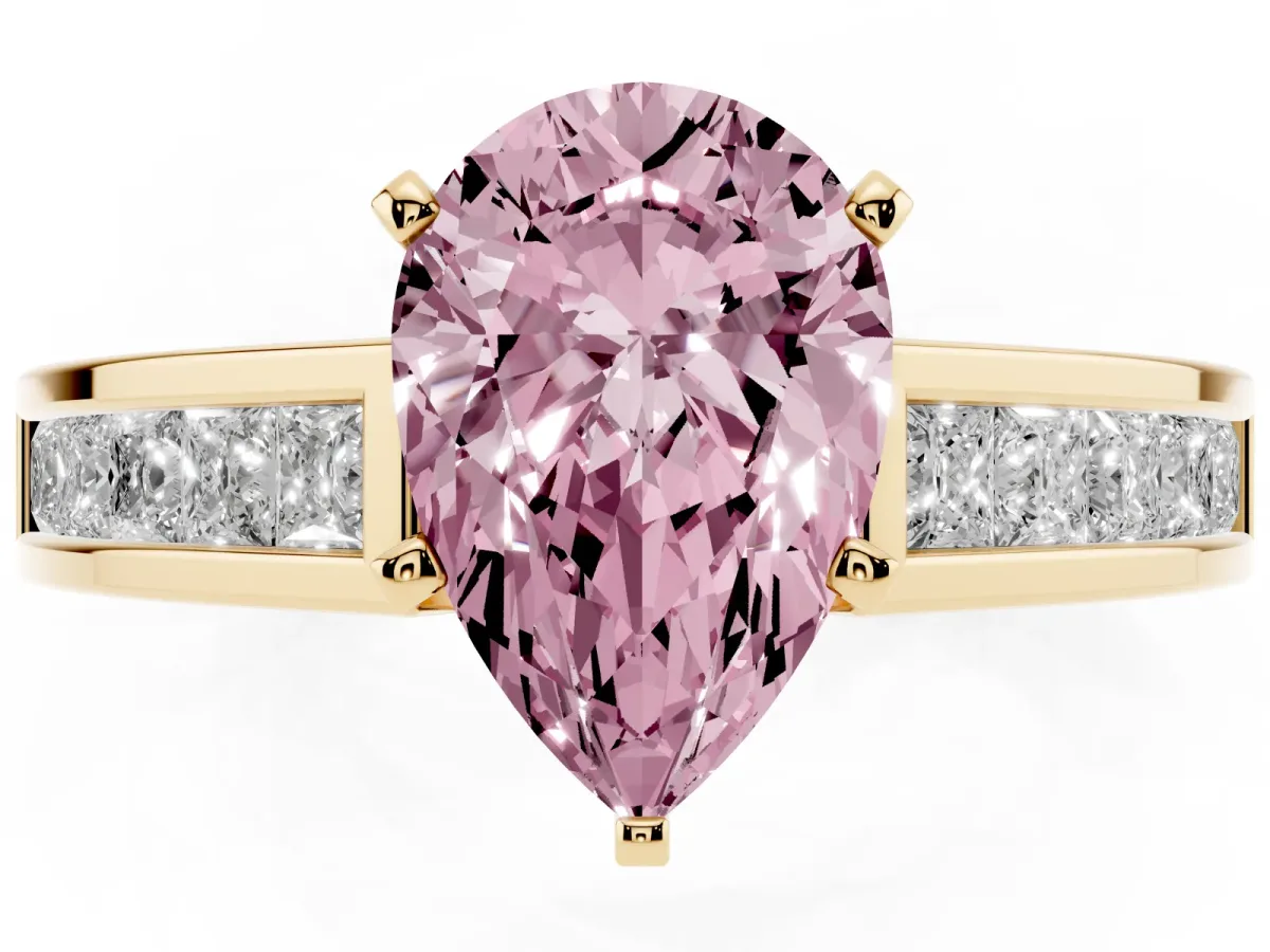 Fancy Pink Pear Cut Solitaire Diamond Ring with Channel-Set Band and Four-Prong Setting Yellow gold