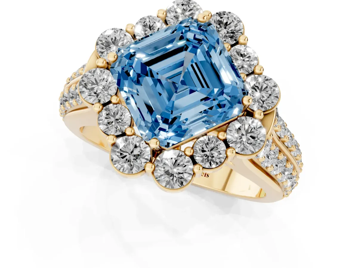 Fancy Blue Asscher Cut Halo Diamond Engagement Ring with Split Shank and Prong Setting Yellow gold