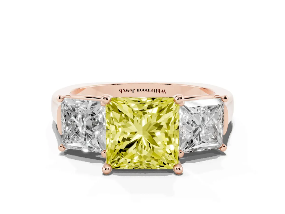 Fancy Yellow Three-Stone Princess Cut Brilliant Diamond Trellis Ring with Comfort Fit Band Rose gold