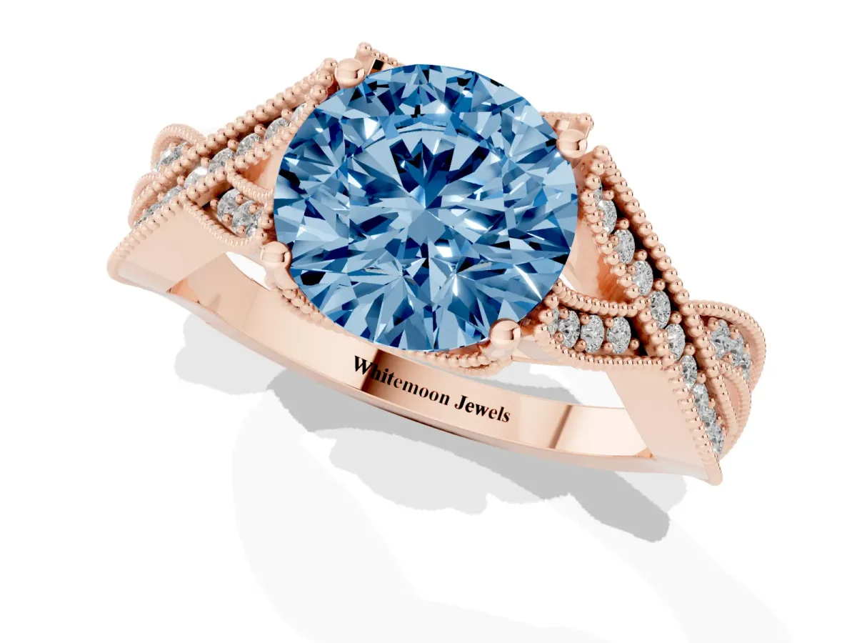 Fancy Blue Round Cut Cut Diamond Twisted Band with Milgrain Pave Setting and Four-Prong Setting Rose gold