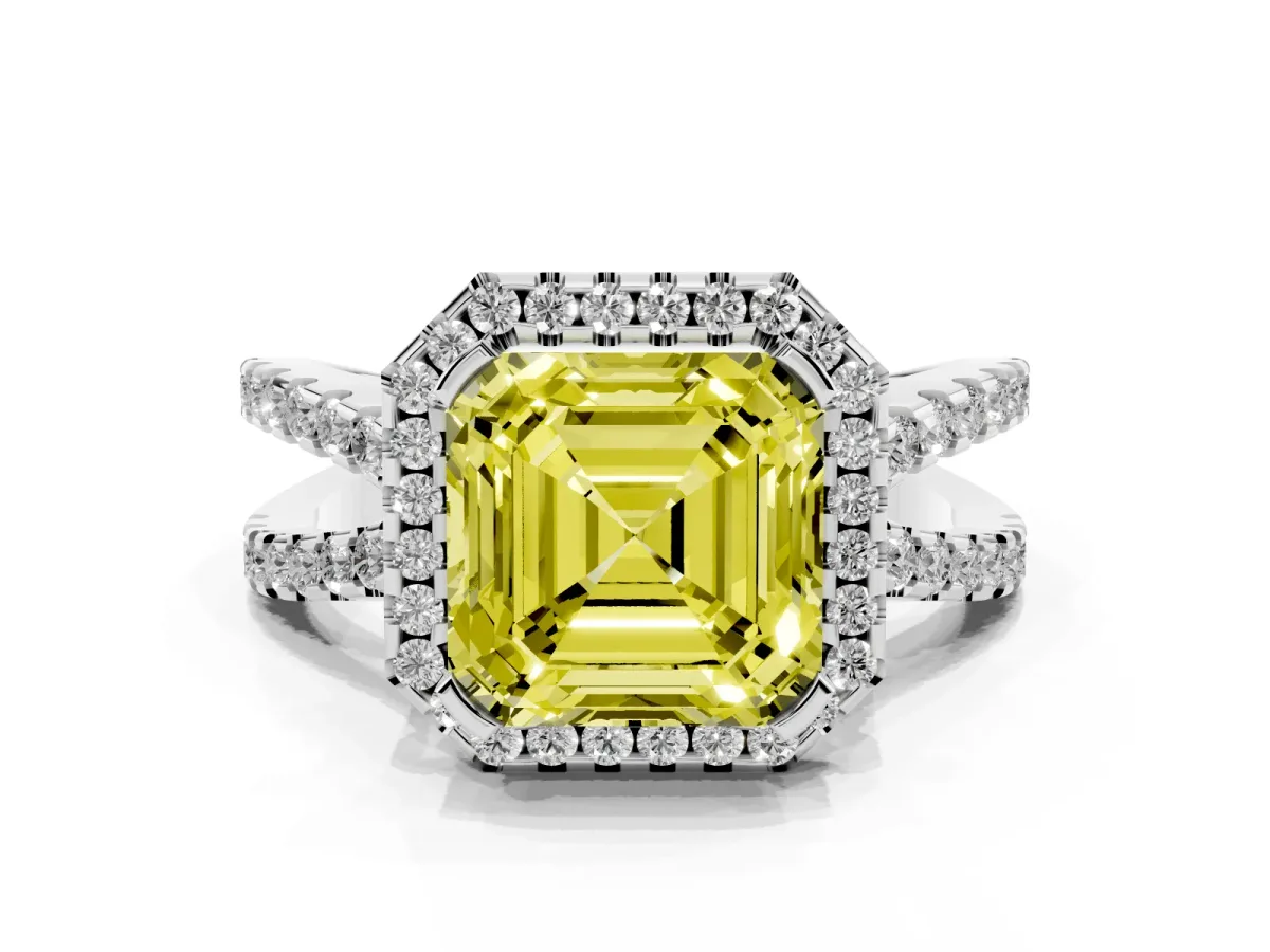 Fancy Yellow Asscher Cut Diamond Halo Ring with Split Shank Pavé Band and Prong Setting Silver