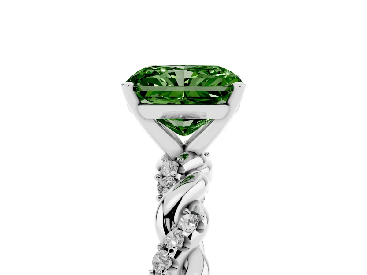Fancy Green Radiant Cut Diamond Solitaire Ring with Twisted Band and Pavé Accents Silver