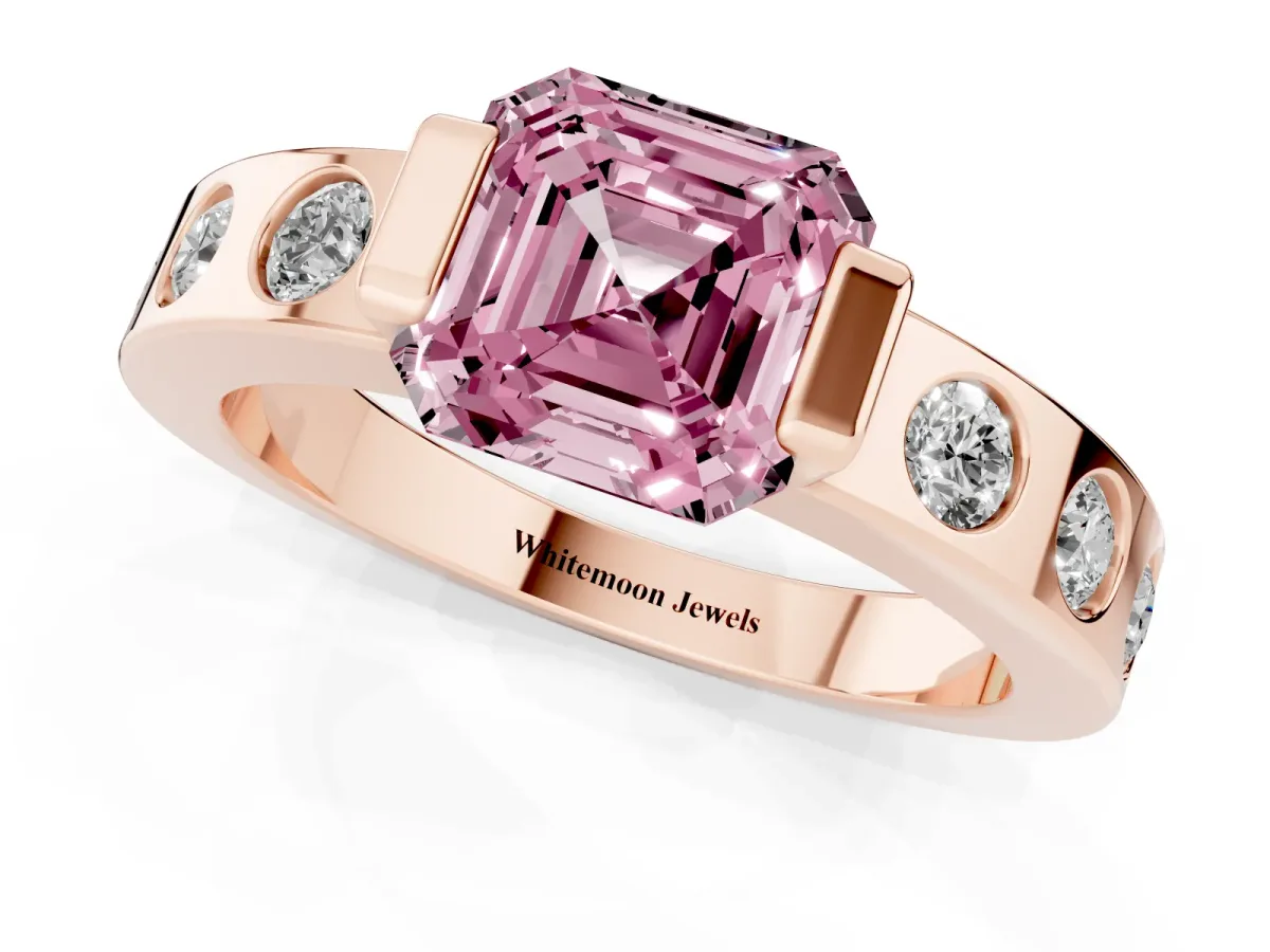 Fancy Pink Asscher Cut Brilliant Channel-Set Diamond Ring with Bezel Prong Setting Rose gold