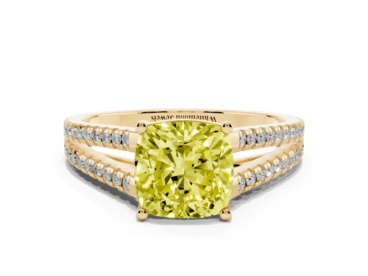 Fancy Yellow Cushion Cut Diamond Solitaire Engagement Ring with Split Shank Pavé Band Yellow gold