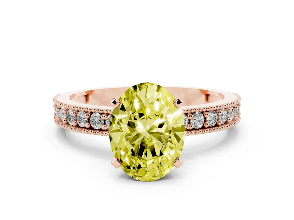 Fancy Yellow Oval Cut Diamond Milgrain Pavé Engagement Ring with Four-Prong Setting Rose gold