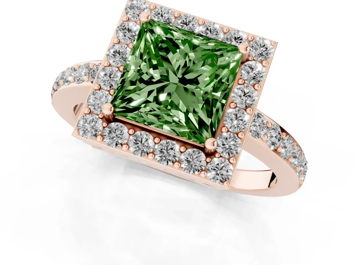 Fancy Green Princess Cut Halo Diamond Pavé Band Ring with Prong Setting Rose gold