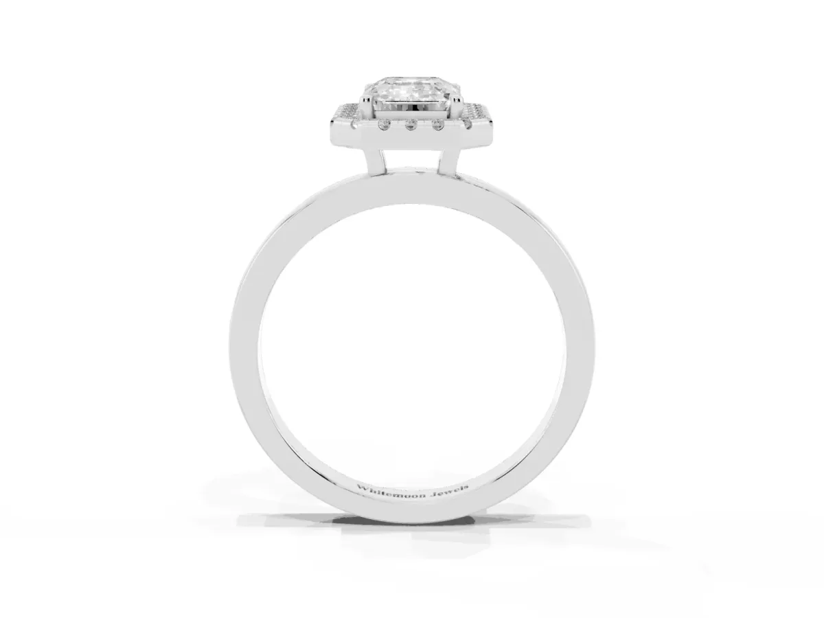 Emerald Cut Halo Diamond Solitaire with Pavé Band and Four-Prong Setting White gold