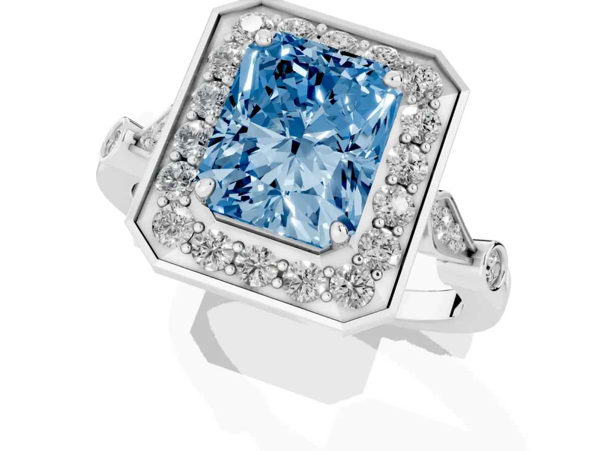 Fancy Blue Radiant Cut Halo Diamond Engagement Ring with Twisted Band and Four-Prong Setting White gold