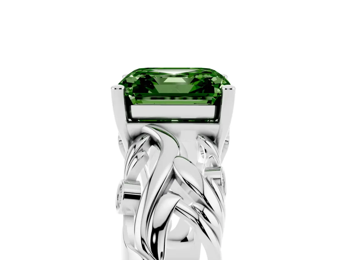 Fancy Green Asscher Cut Solitaire Diamond Leaf-Inspired Vine Band Ring with Prong Setting Silver