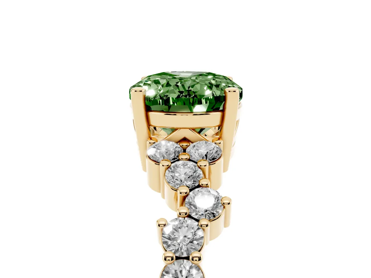 Fancy Green Oval Cut Diamond Scattered Round Accent Ring with Prong Setting Yellow gold