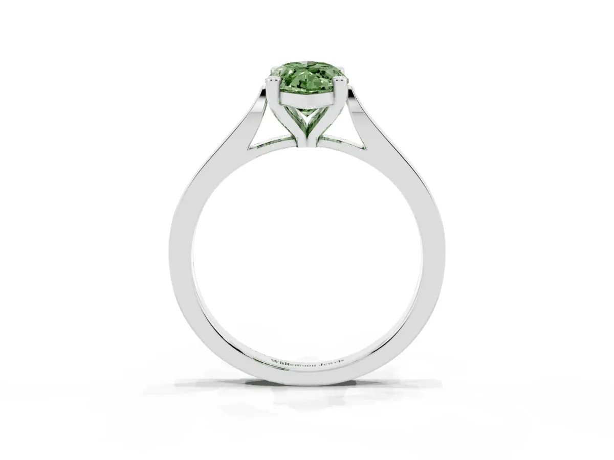 Fancy Green Marquise Cut Solitaire Diamond Ring with Four-Prong Setting and Tapered Band Platinum