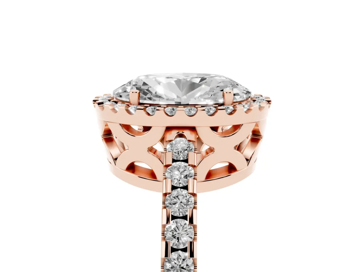 Oval Cut Diamond Halo Engagement Ring with Pavé Band and Prong Setting Rose gold