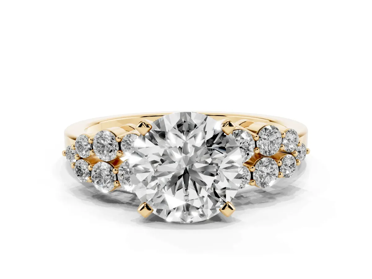 Round Cut Cluster Diamond Engagement Ring with Pavé Band and Four-Prong Setting Yellow gold