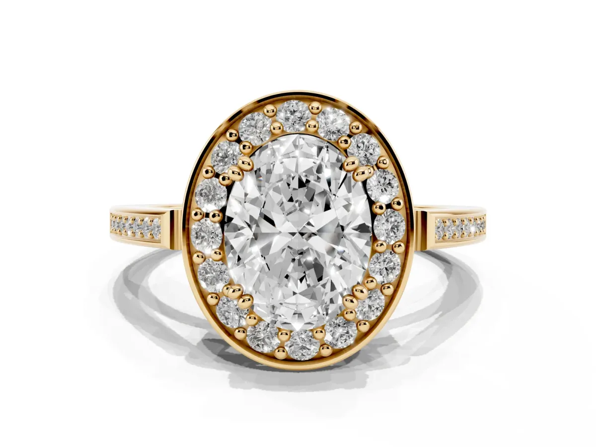 Oval Cut Diamond Halo Ring with Split Shank and Four-Prong Setting Yellow gold